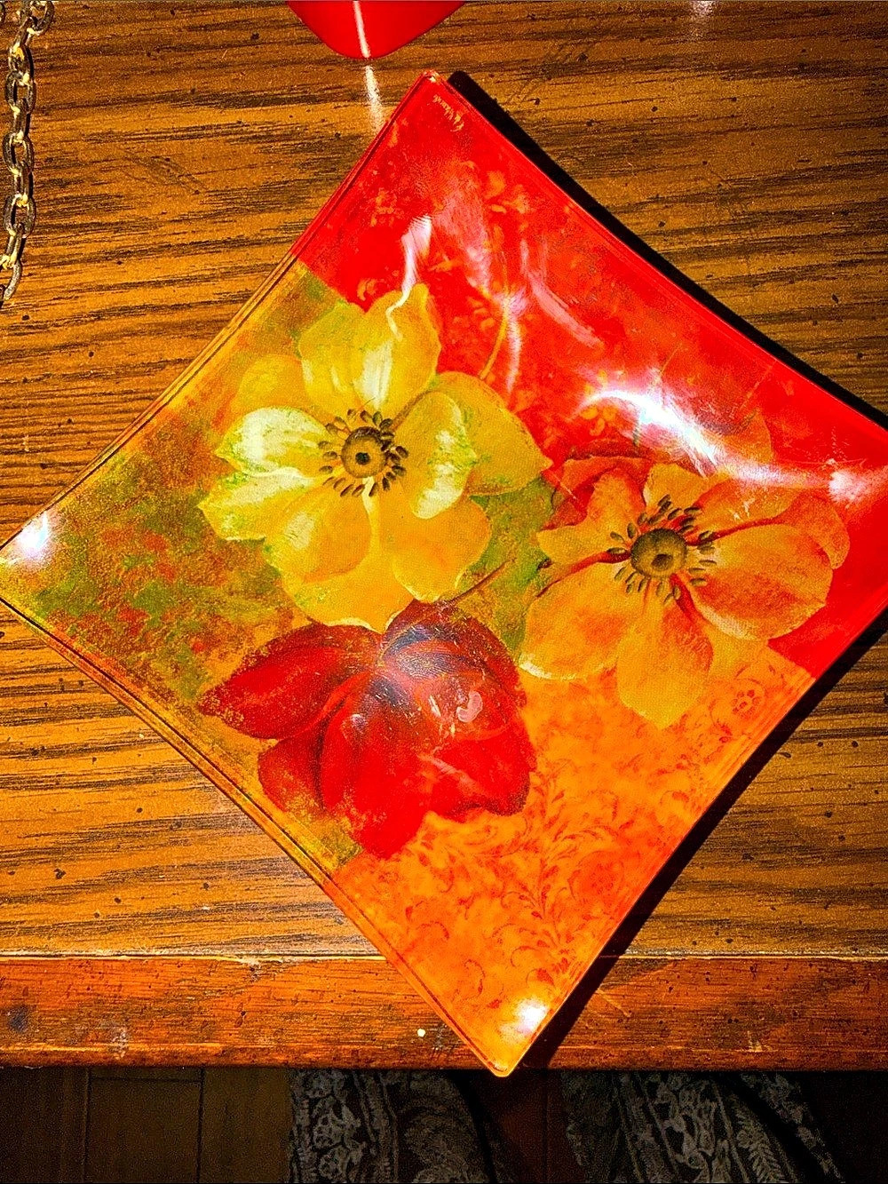 Floral Glass Decor Dish in Orange & Red